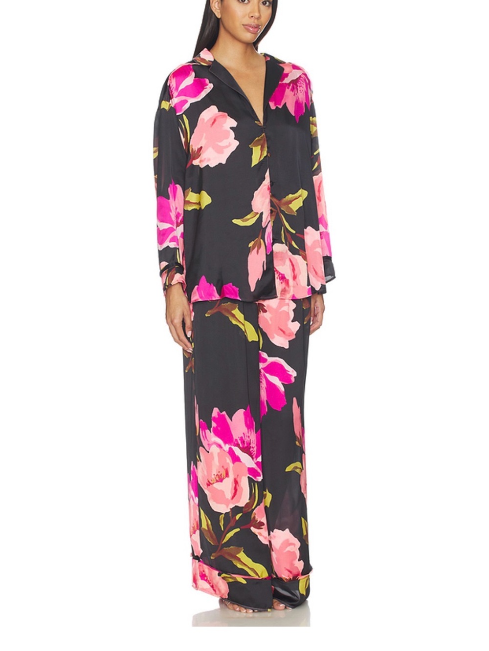 Free People Black Floral Satin Pajama Set with Pink Blooms